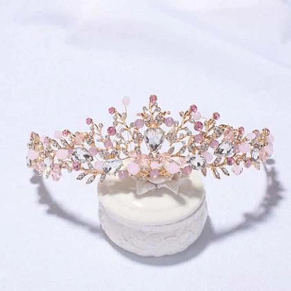 Ancient Vintage Pink Floral Crown Elegant Shiny Crown Hair Accessory Headwear Alloy Princess Rhinestone Tiara Photography Props
