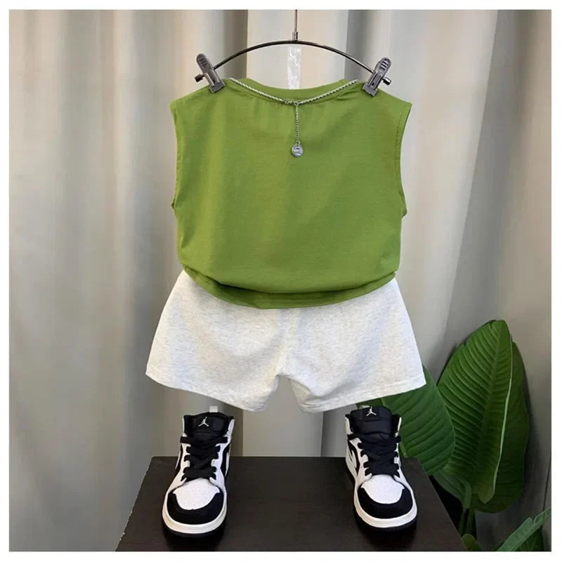 2024 Boy’s Loose Vest Sets Baby Casual Fashion Suit Summer New Children's Thin Sleeveless Round Neck Top Shorts 2Pcs 12M-6Years