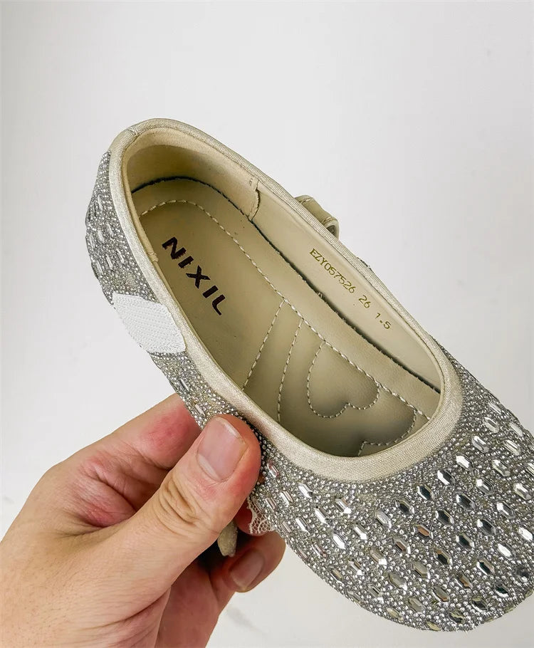 Children Shoes For Girls Leather Bow Rhinestone Princess Shoes Soft Sole Outdoor Fashion Kids Sneakers EU 26-33