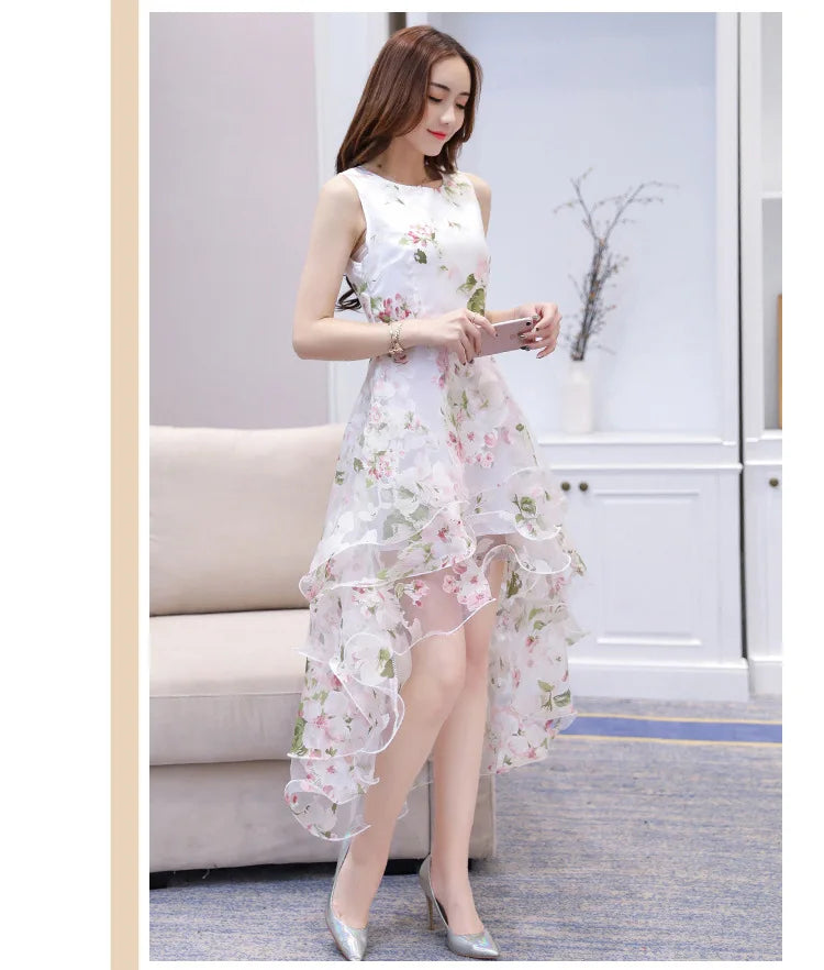 Summer High Low Retro Dress Vintage Women Sleeveless Front Back Short Long Organza Lace Dress Ladies Elegant Party Dress  (Available)