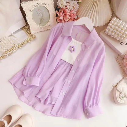 Baby Girl Summer Clothes Set Mesh Summer Cofortable Infant 3-10 Year Pageant Elegant Kids Outfits Coat+Tops+Pant 3Pcs Costume