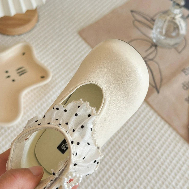 Girl's Leather Shoes Frilly Pearl Adorable Hook-loop Kids Flat Shoe Beige Brown Shallow Sweet Trendy Children Shoe 23-34