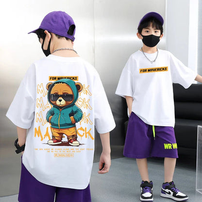 Summer 100% Cotton Boys Blue T-shirt Cool Graffiti Printed Girls Tees Short Sleeve Children Tops High Quality Kids Clothes