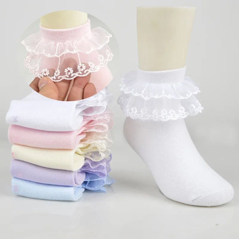 Pairs Cotton Lace Ruffle Princess Mesh Breathable Socks Children Ankle Short Sock White Pink Blue Baby Girls Kids Toddler