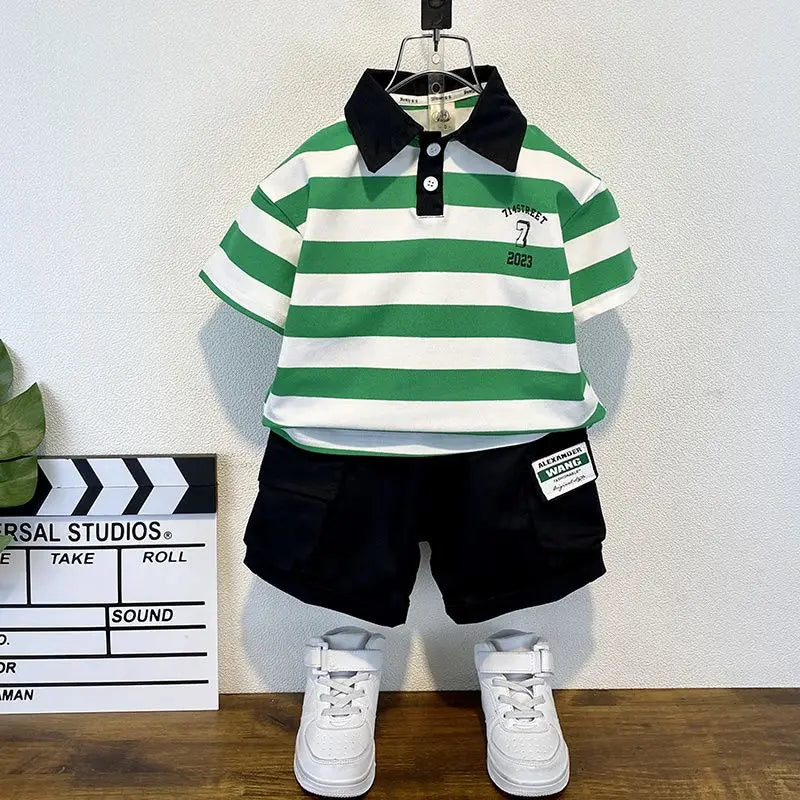 Boys 2025 Summer Outfit T-Shirt and Jeans Korean Polo Fashion 2PCS Casual Clothing Korean Reviews Top Toddler Kids Clothes Sets (Available )