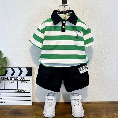 Boys 2025 Summer Outfit T-Shirt and Jeans Korean Polo Fashion 2PCS Casual Clothing Korean Reviews Top Toddler Kids Clothes Sets (Available )