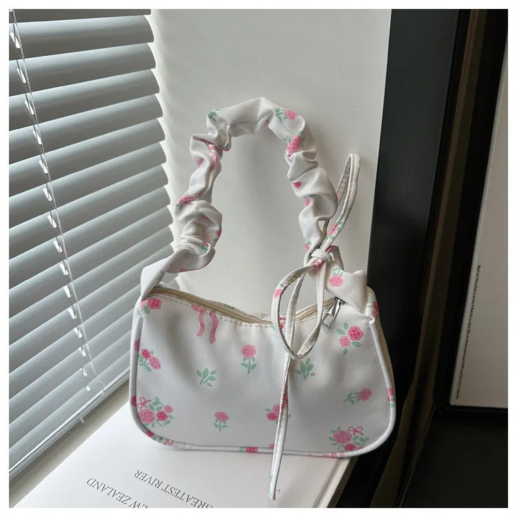 Women's Bags  Summer Nylon Pleated Handbags Armpit Bag Korean Floral Bow Printed Zipper Tote Bag Female Small Shoulder Bags