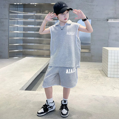 Boys Clothing Set American Style Children Vintage Vest Casual Sport Loose Pullover Sleeveless T-shirt Top Shorts Two-piece Set