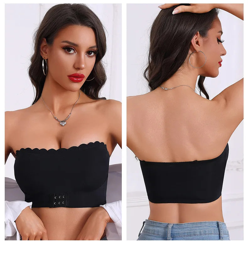 Women's Strapless Front Closure Bra Wireless Bandeau Non-slip Underwear Wavy Edge Chest Wraps Padded Push Up Tube Top Bralette