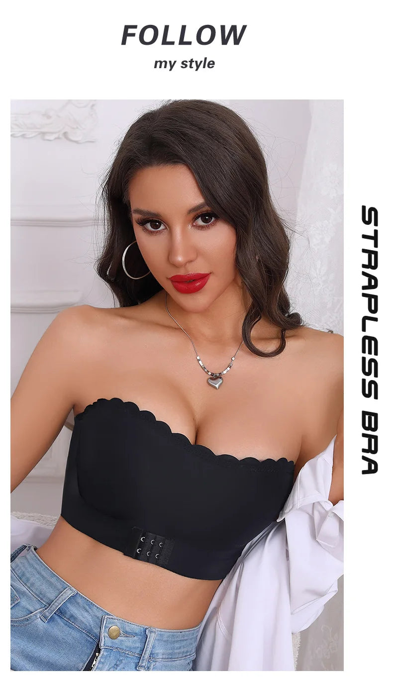 Women's Strapless Front Closure Bra Wireless Bandeau Non-slip Underwear Wavy Edge Chest Wraps Padded Push Up Tube Top Bralette
