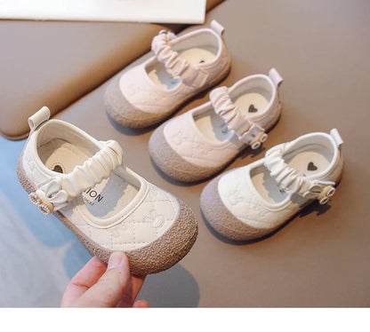 Girl's Mary Janes Cute Flat Sewing Pu Leather Little Children Leather Shoes Pu 21-30 Hook-loop Anti-slip Lovely Kids Spring Shoe
