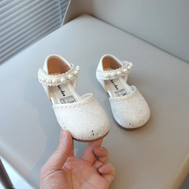 Girl's Princess Shoes Pearl Round Toe Glitter Sweet Kid's Flat Shoe Solid Colors Anti-slip Cute Party Daily Children Shoe