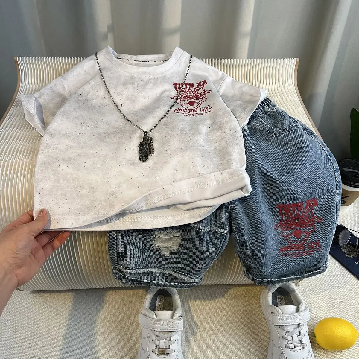 Korean Children's Summer Clothes Kids Set Outfits Boys 2025 Handsome Sleeveless&Short Sleeved T-shirt Denim Shorts 2-piece Set
