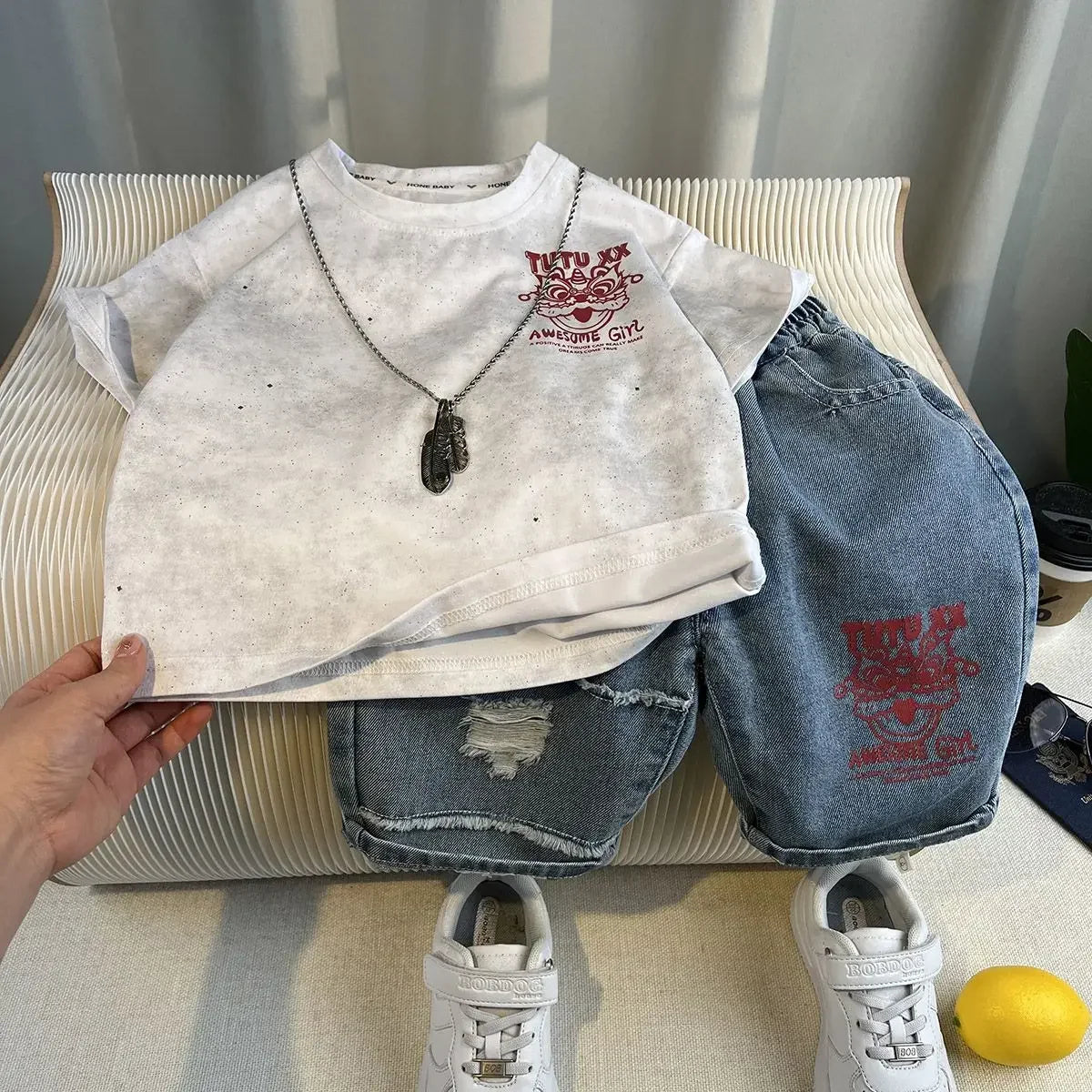 Korean Children's Summer Clothes Kids Set Outfits Boys 2025 Handsome Sleeveless&Short Sleeved T-shirt Denim Shorts 2-piece Set