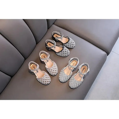 Children Spring Summer Korean Version Dance Shoes Girls Pearl Show Shoes Girl Rhinestone Princess Lace Leather Shoes Solid Color
