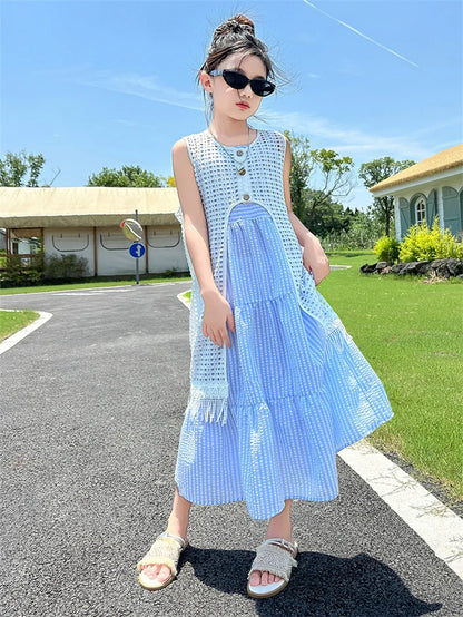 5-14Years Old Girls Dress Children Summer Sweet Beach Holiday Gown Kids Dresses Teenager Sleeveless Clothing Sets