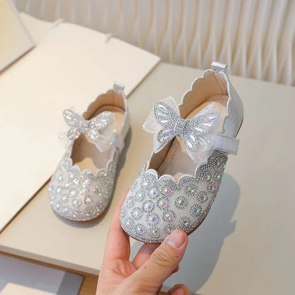 Girls Crystal Princess Footwear Comfortable Flat Sole Leather Shoes for Kids Glittering Rhinestone Design