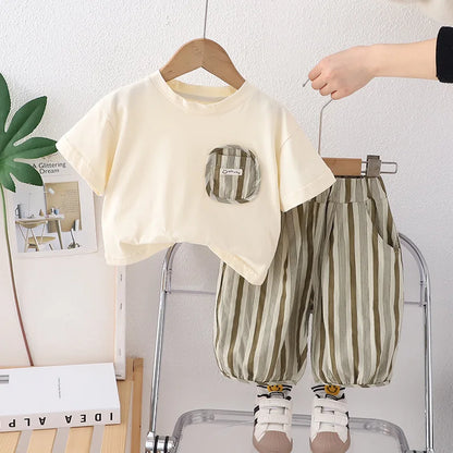 Summer Kid's Clothing Sets Boys' Short Sleeve Outfit Vertical Stripes T-shirt Pants 2Pcs Trendy Children's Costume Stylish