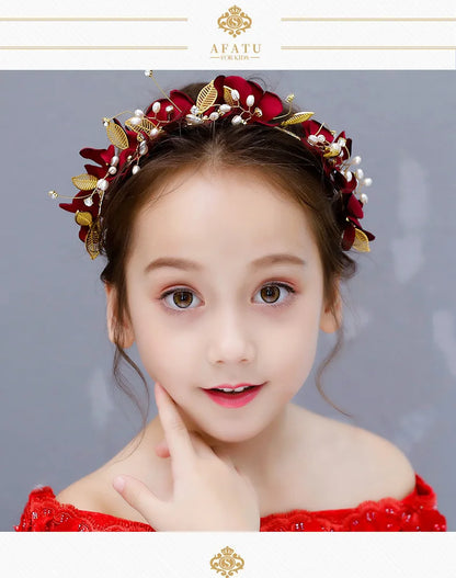 Red Ancient Chinese Style Headband Floral Hairpiece for Girls Princess Hanfu Accessories Traditional Festival Celebration Gift