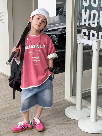 Pure Cotton Children's Short Sleeved Simple Trendy Letters Faded and Worn Half Sleeved T-shirts Boys Girls Stylish