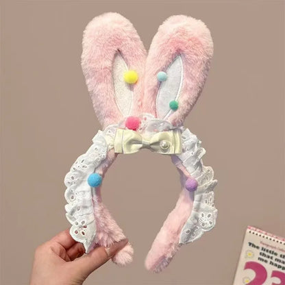 New cute plush headband with bow & rabbit ears,lace trim for delicacy.Soft skin-friendly,no hair damage.Perfect for washing face