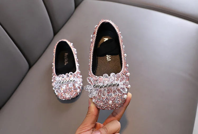 Kids Girl Shoes New Girls Princess Shoes Fashion Children Sequins Bling Bow Shoe Kid Rhinestone Non-slip Flat Shoe