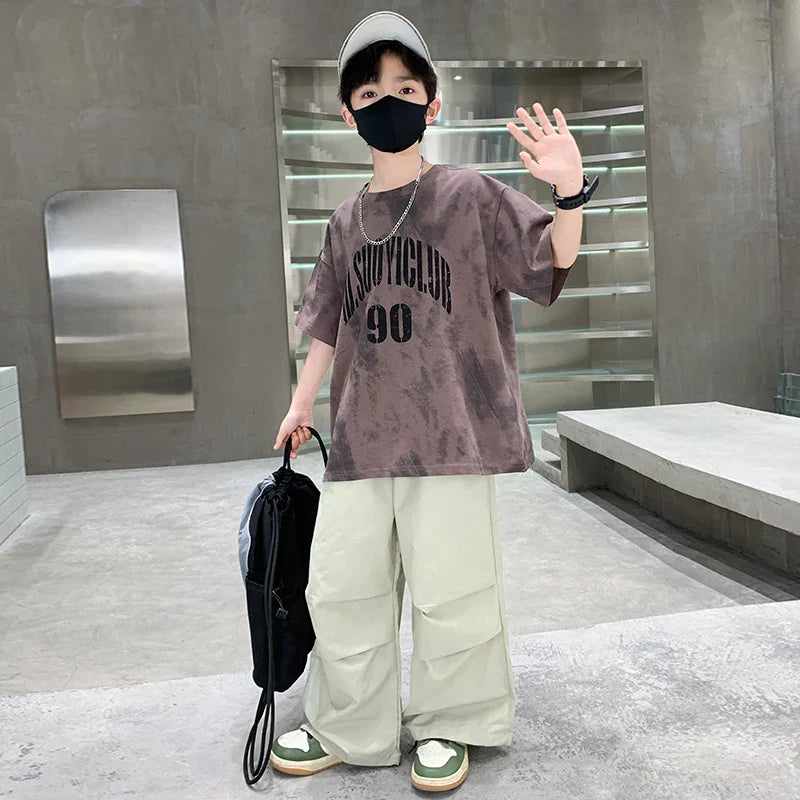 Boys Summer Clothing Set Children Casual Cotton Outfit Suit Brown Color Kids Cotton