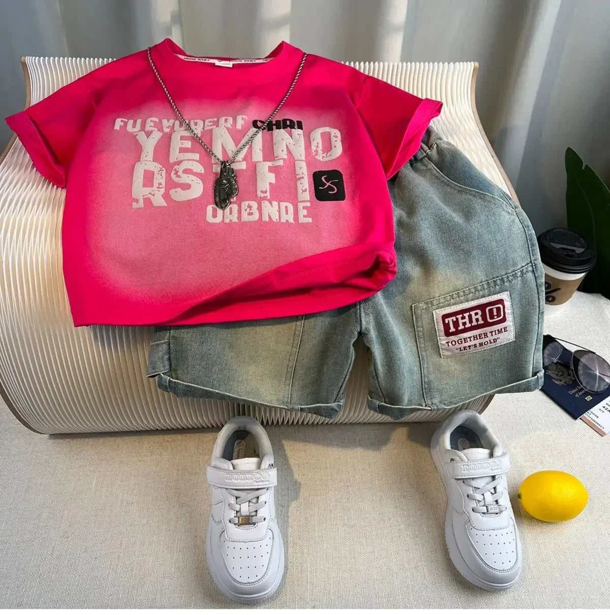 New Boys Fashion Summer Cotton Letter Printing T-shirts+Graffiti Denim Shorts 2pcs Set Kids Korean Outfits Sets Children Clothes