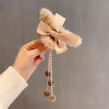 New Elegant Plush Hair Claw Plush Bow Tassel Temperament Girls Women Headdress Shark Clip Winter Accessories Hair Cute