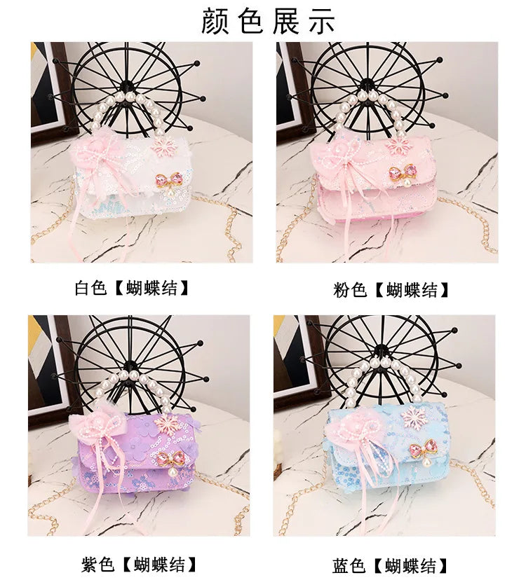 Cute Sequin Bow Kids Mini Square Shoulder Bags Versatile Children Chain Crossbody Bag Lace Girls Pearl Handbags Clutch Purse