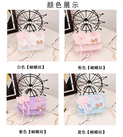 Cute Sequin Bow Kids Mini Square Shoulder Bags Versatile Children Chain Crossbody Bag Lace Girls Pearl Handbags Clutch Purse