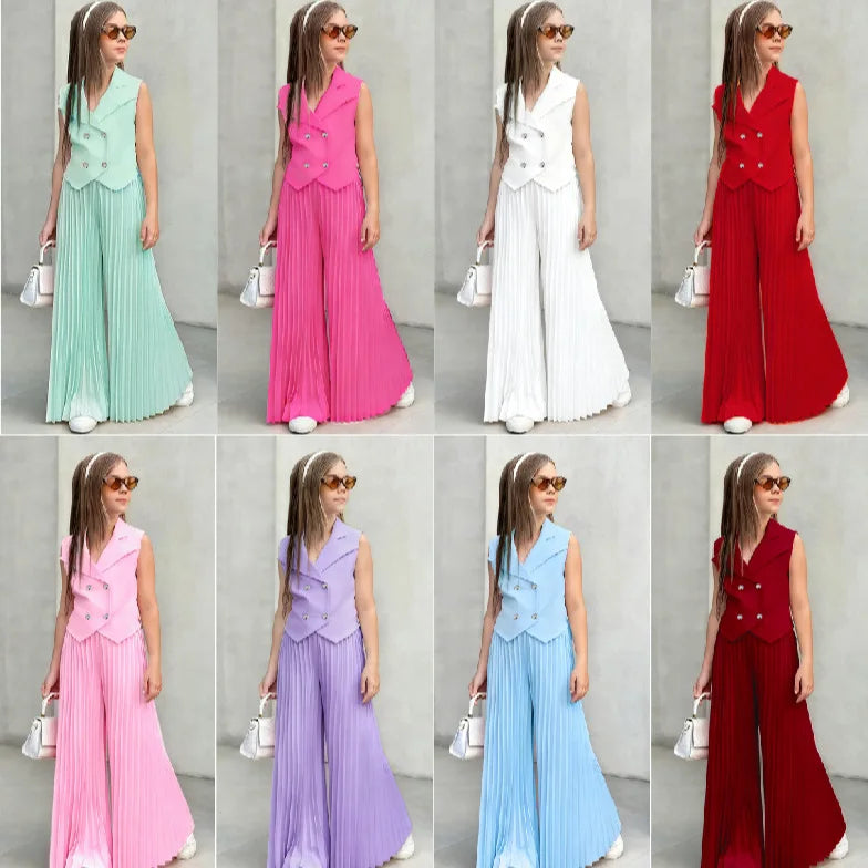 2025 Little Girls 2-Pieces Western-Style Outfit for Girls: Sleeveless Blazer Top+Wide-Leg Pleated Pants