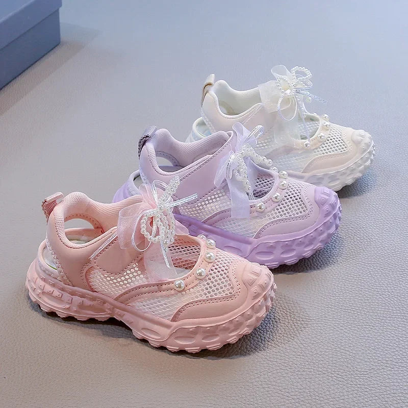Summer Children School Running Sandals Sweet Breathable Girls Mesh Sports Sandals Non-slip Fashion Kids Princess Cut-outs Shoes