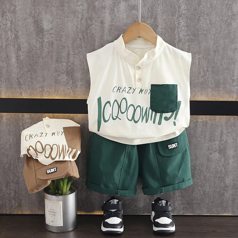 Kids Baby Boy 2 Piece Set Summer Fashion Letter Print Turtleneck Sleeveless T-shirts and Shorts Infant Boys Clothes Outfits