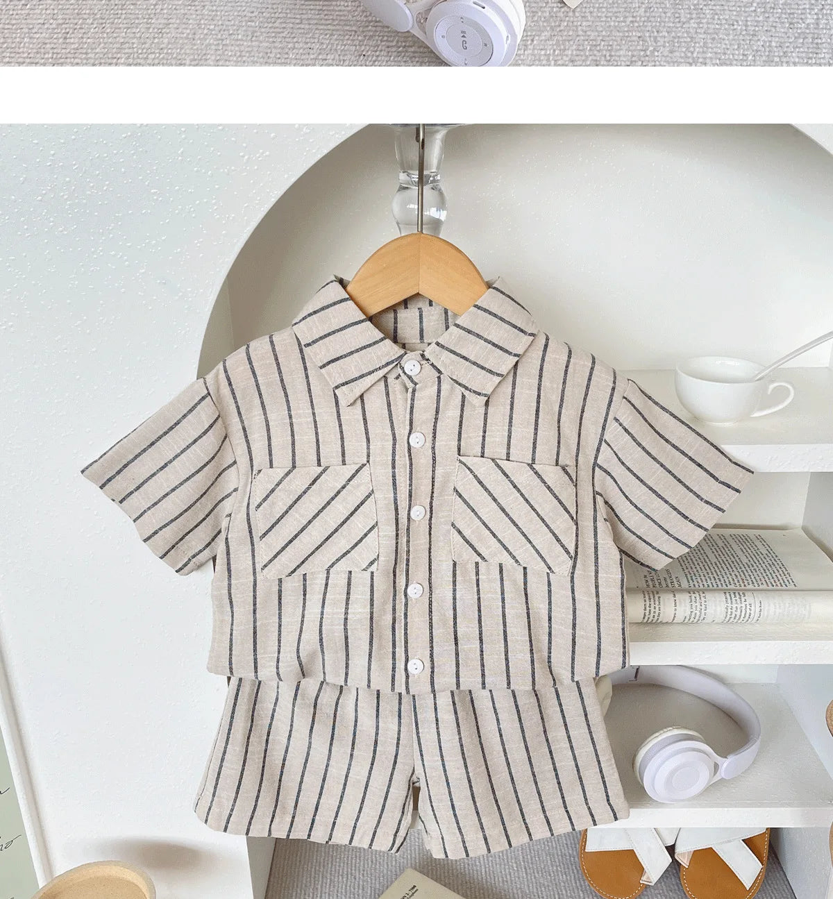 Set Children Unisex Summer New Style Cotton Stripe Pocket Shirt Polo Collar Shourts Fashion Casual Brief Versatile Korean