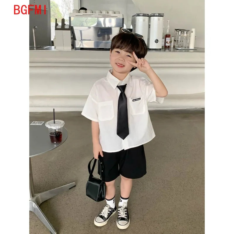 Teens Boys Summer Set Children's Wear Thin 2025 New Handsome British Style Boy White Cotton Short Sleeved Shirt+Black Shorts+Tie