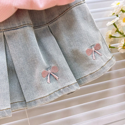 Children's Clothing Sets Cartoon Embroidered Lapel Sleeveless Top + Bow Embroidered Denim Skirt 2pcs Baby Girl Outfit Set