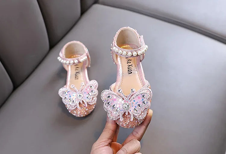 Kids Sandals for Girls Rhinestone Butterfly Elegant Versatile Children's Summer Sandals Soft Bottom Princess Fashion Flat Shoes