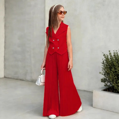 2025 Little Girls 2-Pieces Western-Style Outfit for Girls: Sleeveless Blazer Top+Wide-Leg Pleated Pants