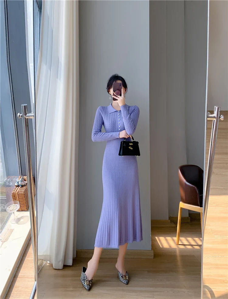 Sweater Dress Women New  Autumn Winter Purple White Or Black High Waist A Line Dress Elegant Long Knitted Dress