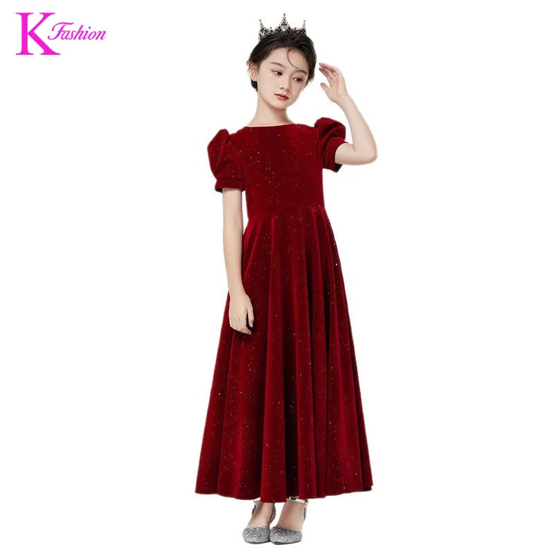 Kids Party Dress Clothing For Birthday Princess  Wine Red Piano Wedding Flower Girl Host Children's Formal Dress