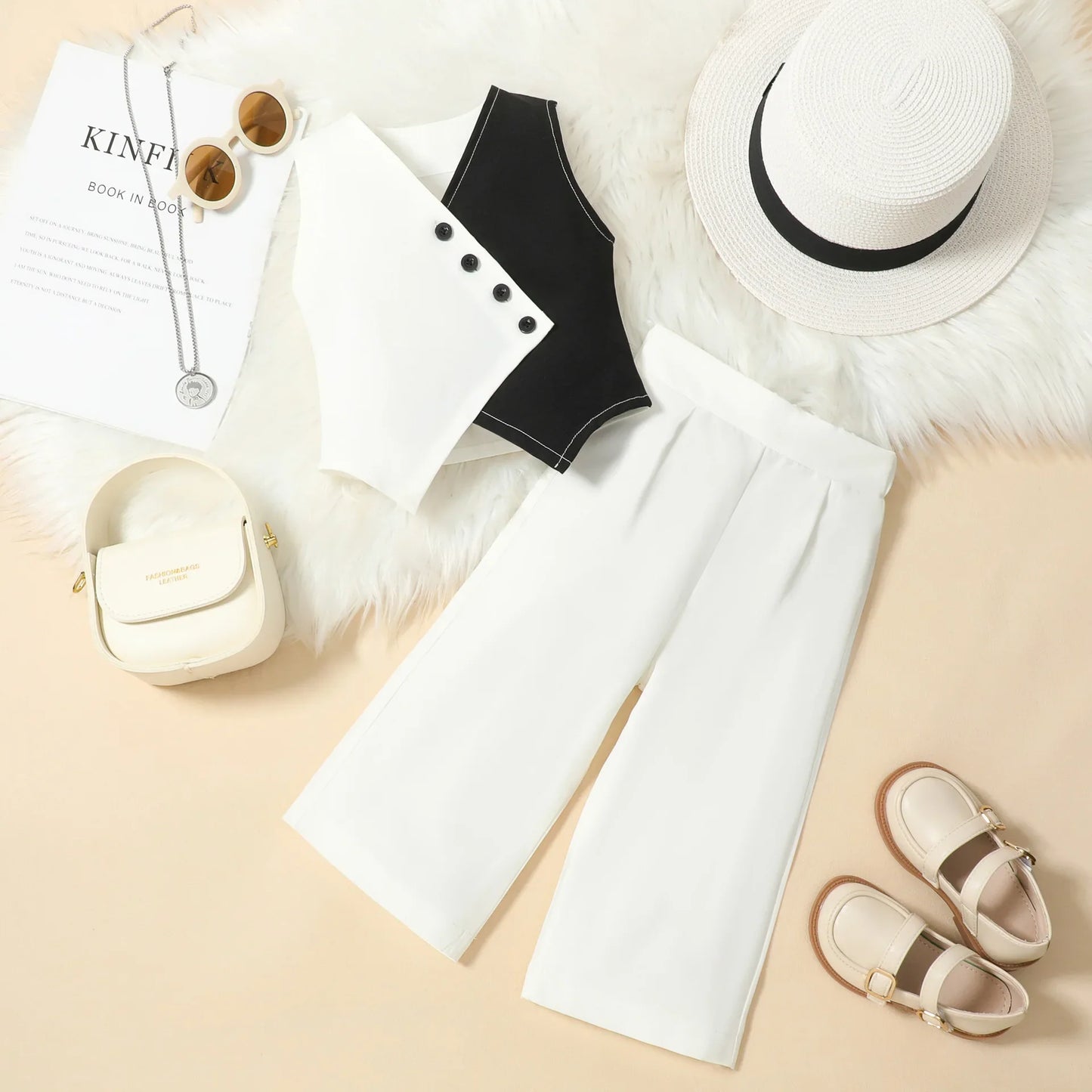 Summer Baby Girl Suits Toddler Clothes Set Black Whit Vest Wide Leg Trousers Flare Pants Kids Outfit Elegant Fashion Children