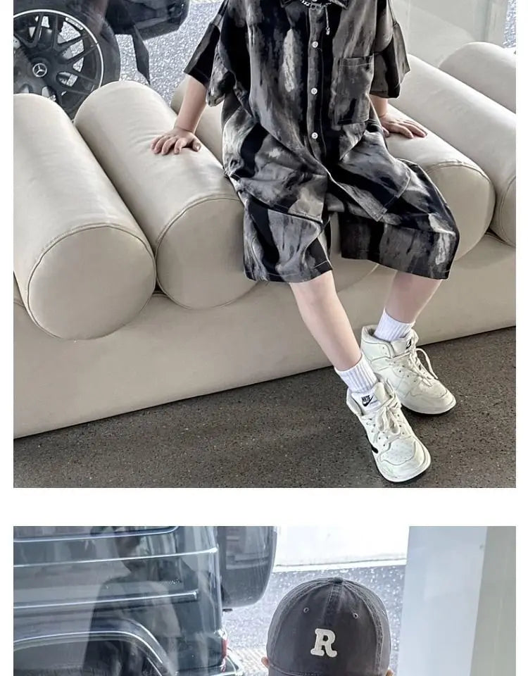 Boys Fashion Summer Tye-die Short Sleeve Shirts+Pants 2pcs Suits Years Kids Trend Streetwear Oufits Sets Children Clothing