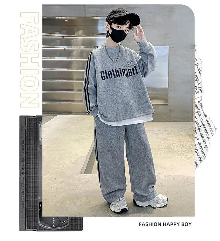 Teenager boys Suit autumn winter Cloth letter striped sweatshirt hooded + wide leg Pants tracksuit 5 8 10 12 Year Child set