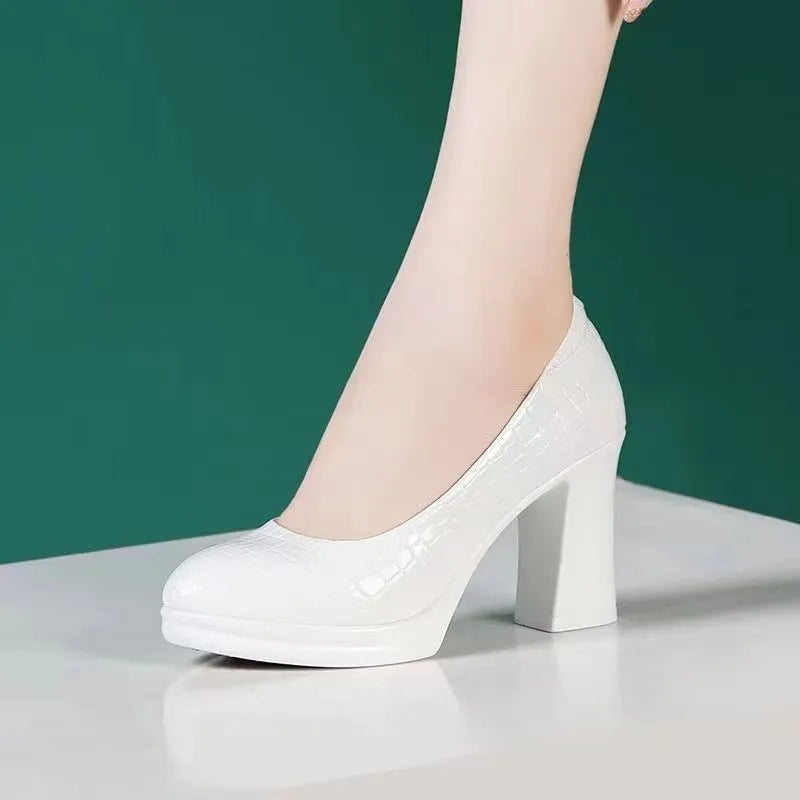 Sapatos Femininas Women Fashion Round Toe Black Plaid Pattern Slip on Chick High Heel Shoes Lady Casual White Work Pumps