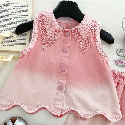 Baby Girls' Denim Suit Summer New Lace Vest Top Shorts Pants Casual and Fashion Kids Outwear Two-piece Set