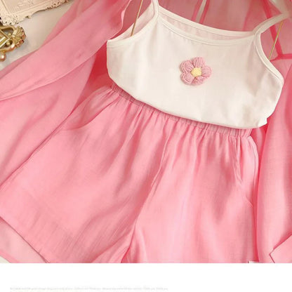 Baby Girl Summer Clothes Set Mesh Summer Cofortable Infant 3-10 Year Pageant Elegant Kids Outfits Coat+Tops+Pant 3Pcs Costume