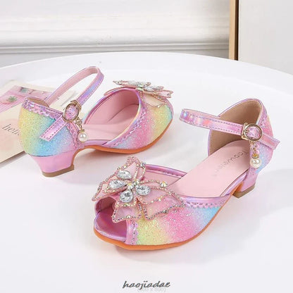 Summer High Heels Shoes for Girls Pageant Kids Sandals Child Mary Jane Shiny Princess Party Dress Up Shoes Purple Gold Pink Blue
