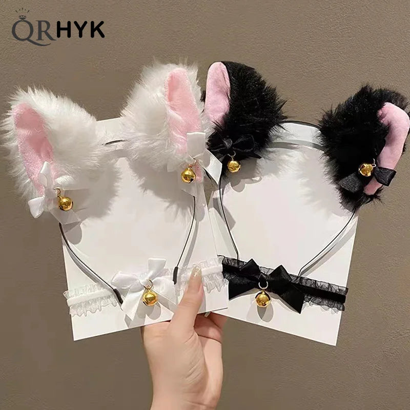 Girls Lace Bow Necklace Plush Bell Hairband Cosplay Masquerade-Party Costume Hair Accessories