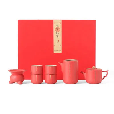 Traditional Chinese Tea Set, Porcelain Teapot, Stainless Steel, Tea Strainer, Cup, Bride and Groom Gifts, Traditional Red, Wed